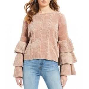 Elan womens ruffle tiered sleeve woven crop sweater tan brown large